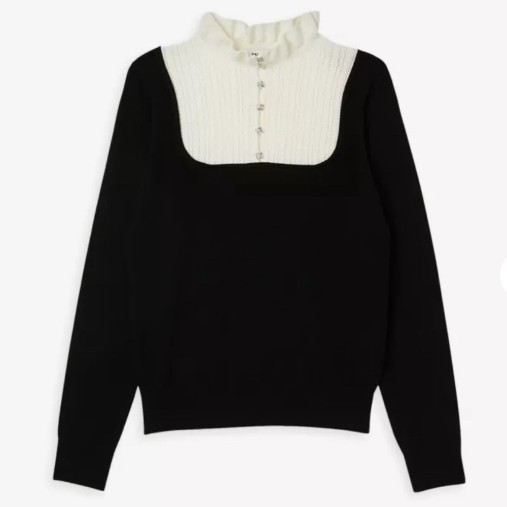 Sandro Leny embellished-buttoned wool-blend top mock neck Pointelle knit ruffle